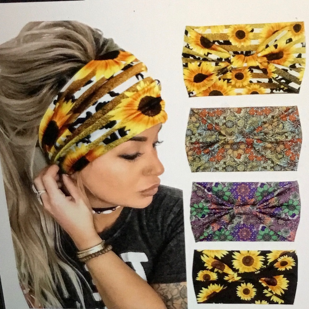 Wide Sunflower Thick HeadBands for Women’s Hair, Flower Printed Elastic Hairband